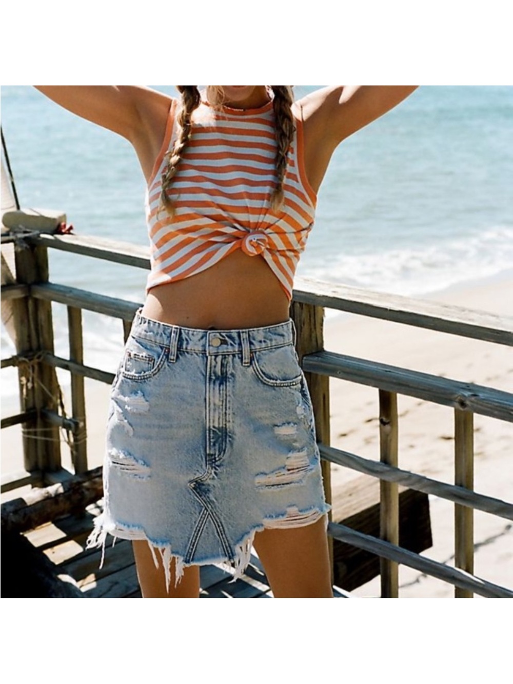 Anthropologie Light Wash Distressed Denim Mini Skirt Small